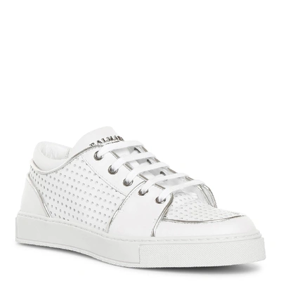 Shop Balmain White Perforated Leather Sneakers