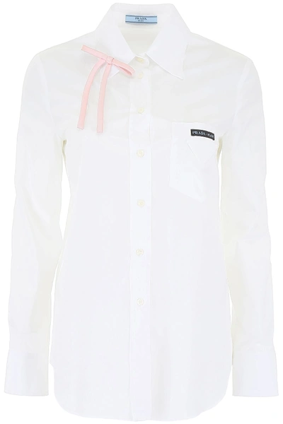 Shop Prada Shirt With Bow In Bianco Petalo (white)