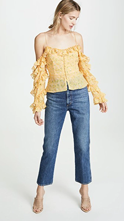 Shop Divine Héritage Cold Shoulder Ruffle Sleeve Button Up Blouse In Buttercup