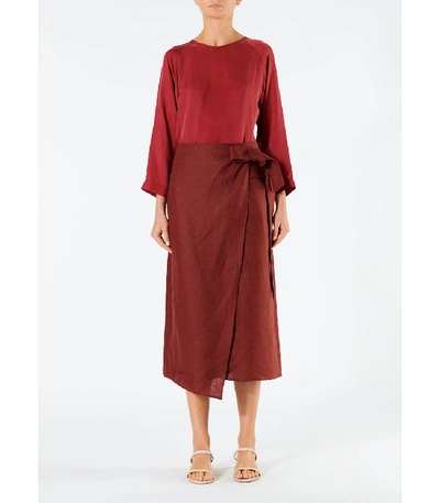 Shop Tibi Linen Canvas Wrap Skirt In Burgundy