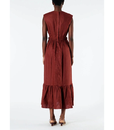 Shop Tibi Linen Canvas V-neck Cut Out Dress In Burgundy