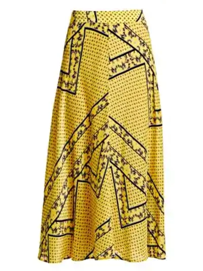 Shop Ganni Silk-blend Print Skirt In Minion Yellow