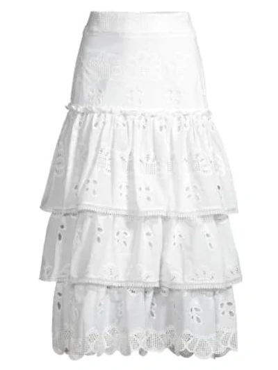 Shop Alexis Faustine Tiered Lace-eyelet Midi Skirt In White