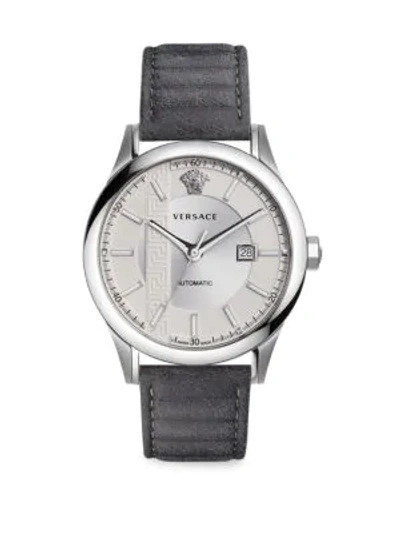 Shop Versace Aiakos Automatic Leather Strap Watch In Grey