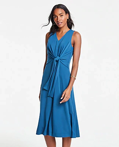 Shop Ann Taylor Petite Matte Jersey Sleeveless Tie Front Midi Dress In Deep Riviera Blue