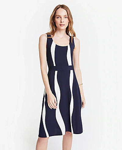 Shop Ann Taylor Petite Wavy Stripes Knit Flare Dress In Night Sky