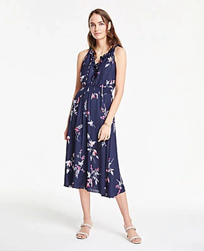 Shop Ann Taylor Petite Floral Halter Ruffle Flare Dress In Night Sky