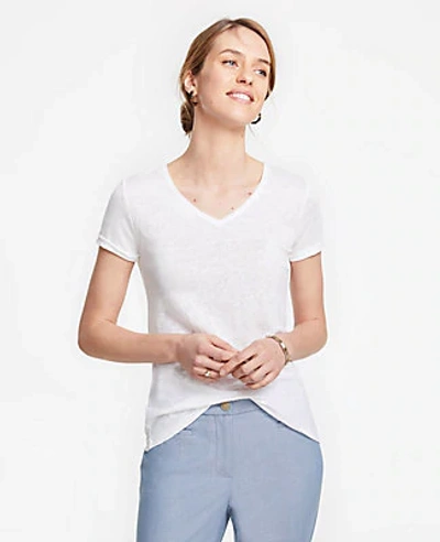 Shop Ann Taylor Petite Linen V-neck Tee In White