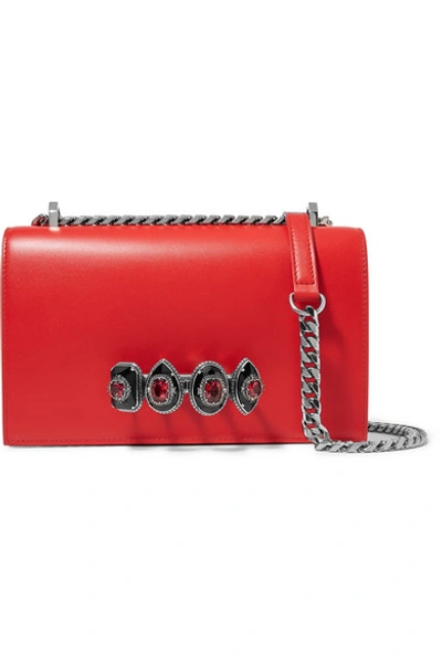 Shop Alexander Mcqueen Jewelled Satchel Embellished Leather Shoulder Bag In Red