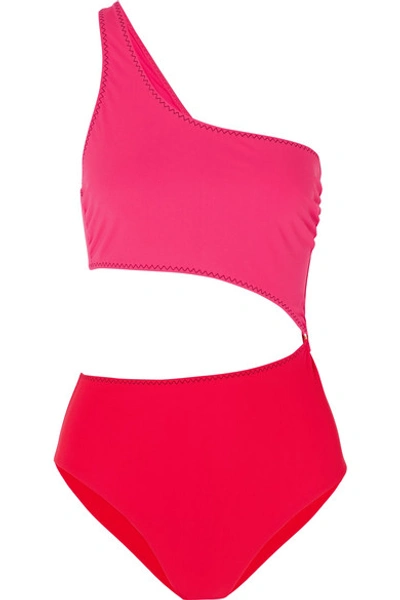 Shop Stella Mccartney Cutout One-shoulder Two-tone Swimsuit In Red