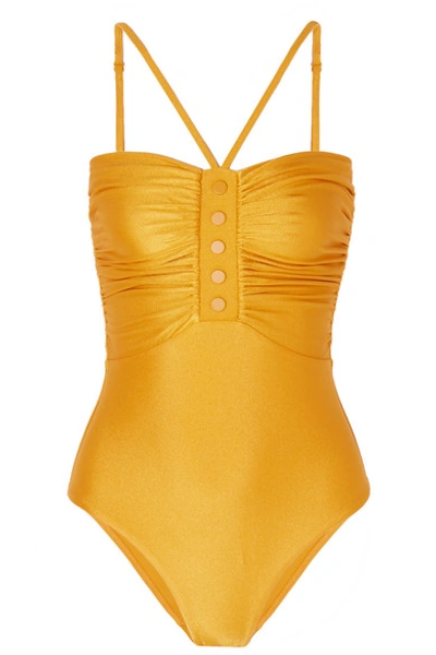 Shop Zimmermann Allia Ruched Metallic Swimsuit In Gold