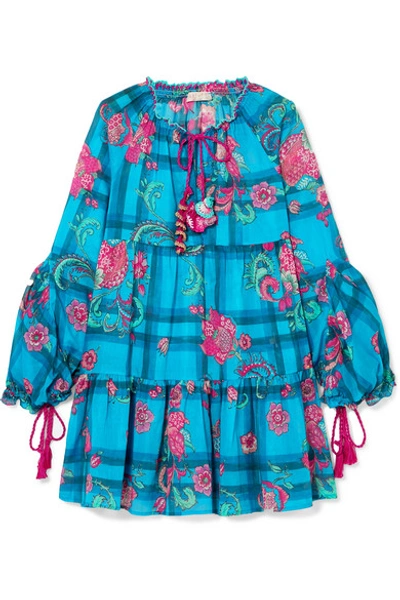 Shop Anjuna Tiered Printed Cotton-voile Mini Dress In Blue