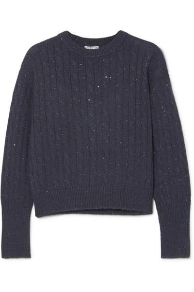 Shop Brunello Cucinelli Sequin-embellished Cable-knit Cashmere And Silk-blend Sweater In Midnight Blue