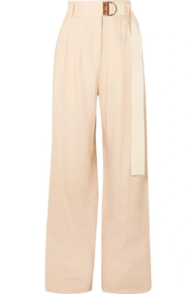 Shop Tibi Bianca Belted Linen-blend Wide-leg Pants In Beige