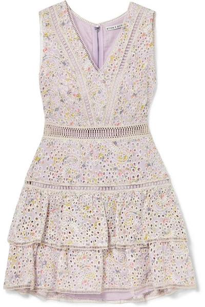 Shop Alice And Olivia Tonie Tiered Printed Broderie Anglaise Modal Mini Dress In Lilac