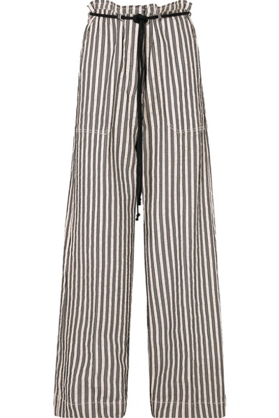 Shop Ann Demeulemeester Belted Striped Cotton And Ramie-blend Wide-leg Pants In Ecru