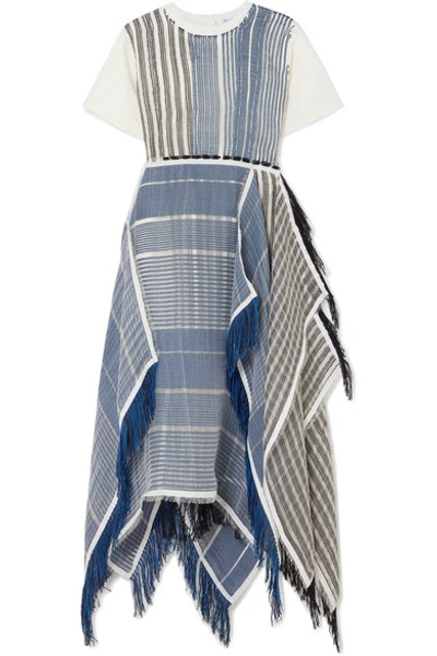 Shop Jw Anderson Fringed Asymmetric Cotton-jersey And Striped Gauze Midi Dress In Blue