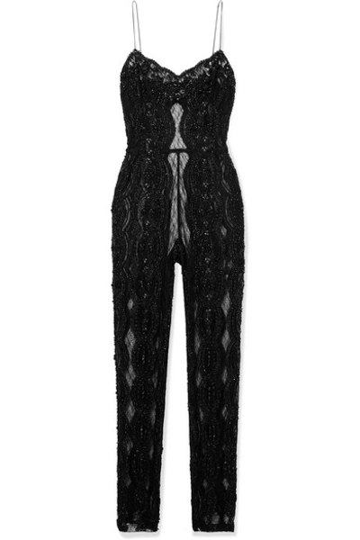 Shop Saint Laurent Bead-embellished Lace Jumpsuit In Black