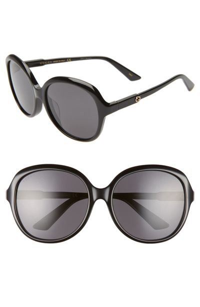 Shop Gucci 58mm Round Sunglasses In Black/ Solid Grey