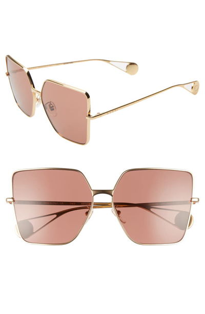 Shop Gucci 61mm Square Sunglasses In Gold/ Red Brick