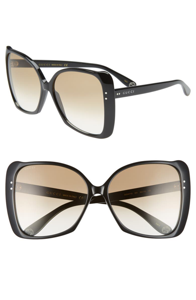 Shop Gucci 62mm Oversize Butterfly Sunglasses In Shiny Black/ Brown Gradient