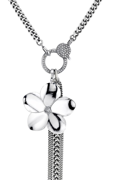 Shop Sheryl Lowe Flower & Fringe Diamond Pave Y-necklace In Sterling Silver