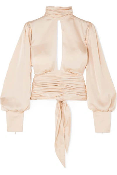 Shop Orseund Iris Night Out Ruched Satin Blouse In Neutral