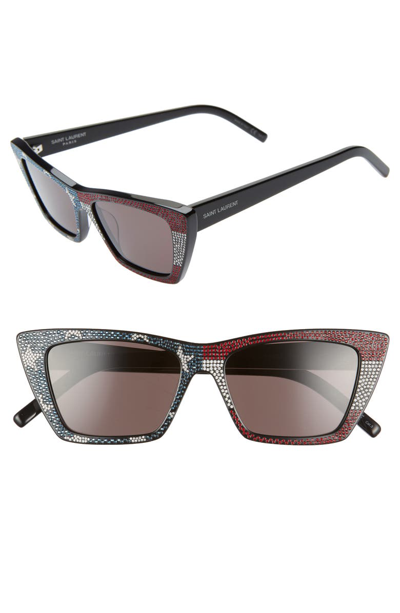 Shop Saint Laurent 53mm Cat Eye Sunglasses In Black/ Crystal Red Blue/ Grey