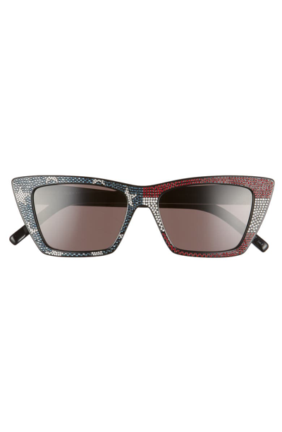 Shop Saint Laurent 53mm Cat Eye Sunglasses In Black/ Crystal Red Blue/ Grey