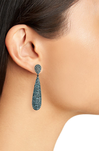 Shop Nina Elongated Pave Swarovski Crystal Teardrop Earrings In Aquamarine/ Black Silver