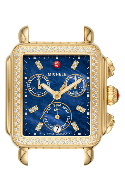 Shop Michele Deco Diamond Diamond Dial Watch Head, 33mm X 35mm In Gold/ Deep Blue Mop