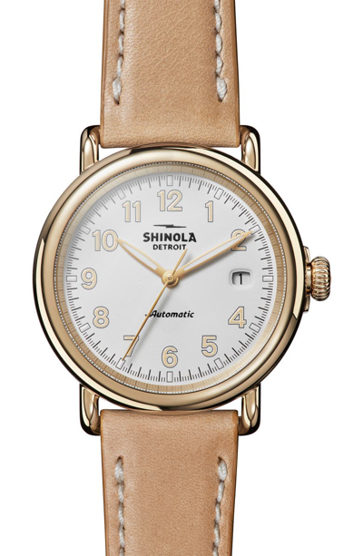 Shop Shinola Runwell Automatic Leather Strap Watch, 40mm In Tan/ White/ Gold