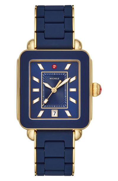 Shop Michele Deco Sport Watch Head & Bracelet, 34mm X 36mm In Blue/ Sunray/ Gold