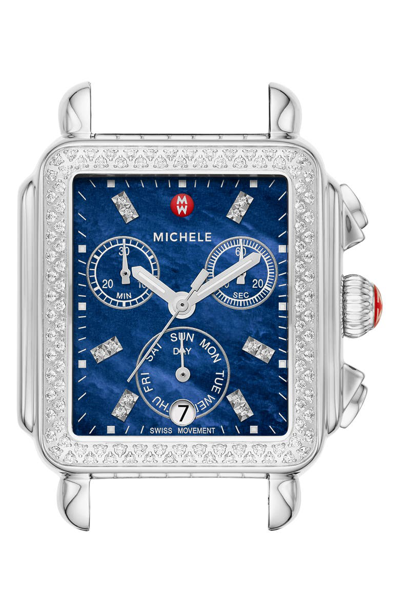 Shop Michele Deco Diamond Diamond Dial Watch Head, 33mm X 35mm In Silver/ Deep Blue Mop