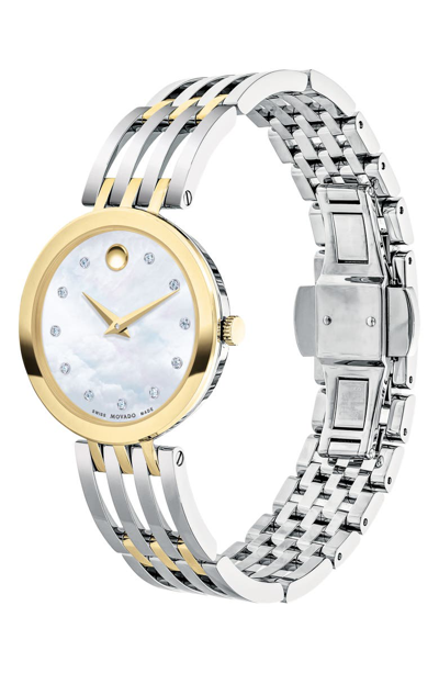 Shop Movado Esperanza Diamond Bracelet Watch, 28mm In Silver/ White Mop/ Gold