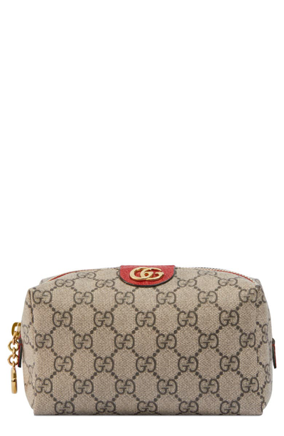 Shop Gucci Small Ophidia Canvas Cosmetics Pouch In Beige Ebony/ Hibiscus Red