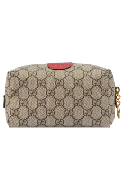 Shop Gucci Small Ophidia Canvas Cosmetics Pouch In Beige Ebony/ Hibiscus Red