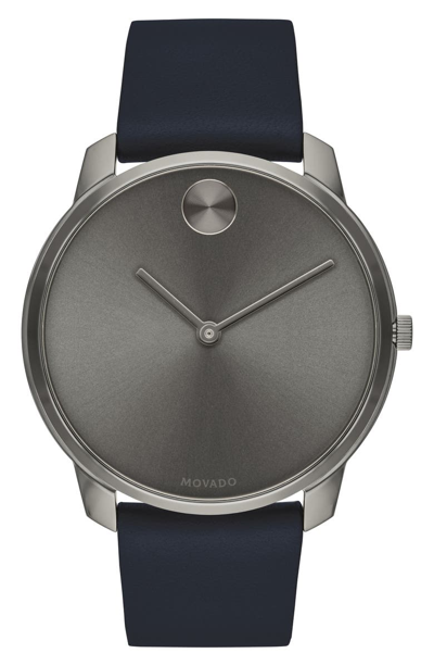 Shop Movado Bold Leather Strap Watch, 42mm In Blue/ Grey