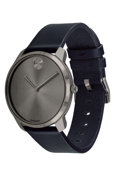 Shop Movado Bold Leather Strap Watch, 42mm In Blue/ Grey