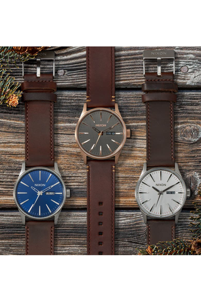 Shop Nixon The Sentry Leather Strap Watch, 42mm In Brown/ Blue