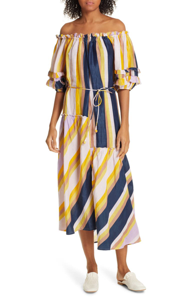 Shop Apiece Apart Sandrine Cotton & Silk Off The Shoulder Dress In Olivio Stripe