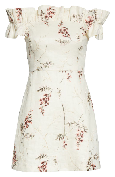Shop Rebecca Taylor Ivie Off The Shoulder Embroidered Detail Linen Dress In Cream Combo