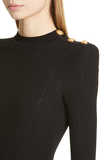 Shop Balmain Shoulder Detail Ribbed Sweater Dress In Noir