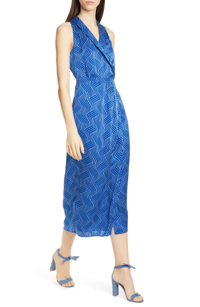 Shop Equipment Katherine Geo Print Sleeveless Satin Midi Dress In Bleu Cotier/ Bright White