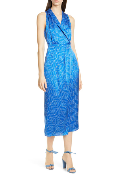 Shop Equipment Katherine Geo Print Sleeveless Satin Midi Dress In Bleu Cotier/ Bright White