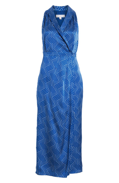 Shop Equipment Katherine Geo Print Sleeveless Satin Midi Dress In Bleu Cotier/ Bright White