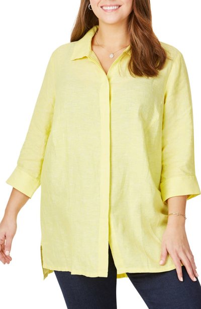 Shop Foxcroft Chambray Linen Tunic Shirt In Lemon Sorbet