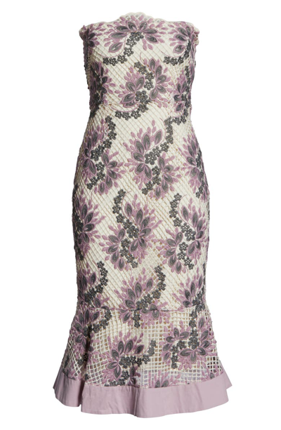 Shop Foxiedox Jasmine Strapless Lace Midi Dress In Purple Grey Multi