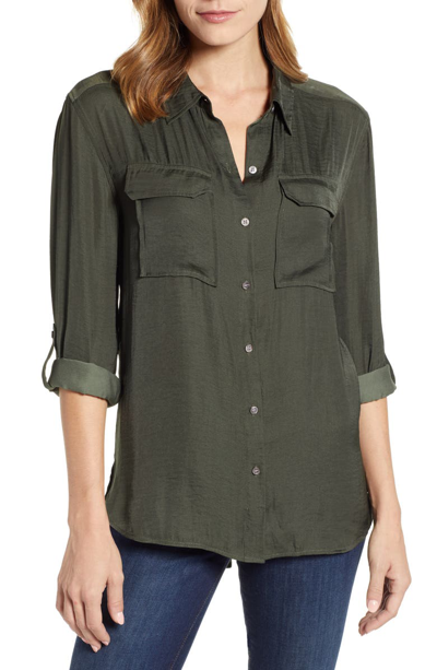 Shop Vince Camuto Two-pocket Rumple Blouse In Rich Olive