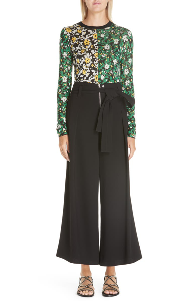 Shop Proenza Schouler Bicolor Silk Jacquard Floral Sweater In Black/ Green Combo